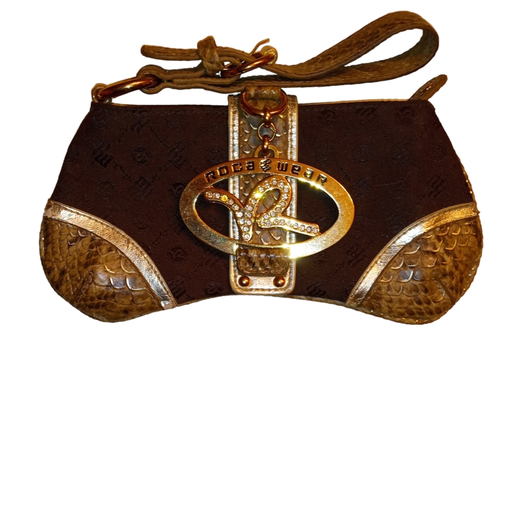 Rocawear Wristlet 8.5" x 4" Brown and Gold with Pink Lining